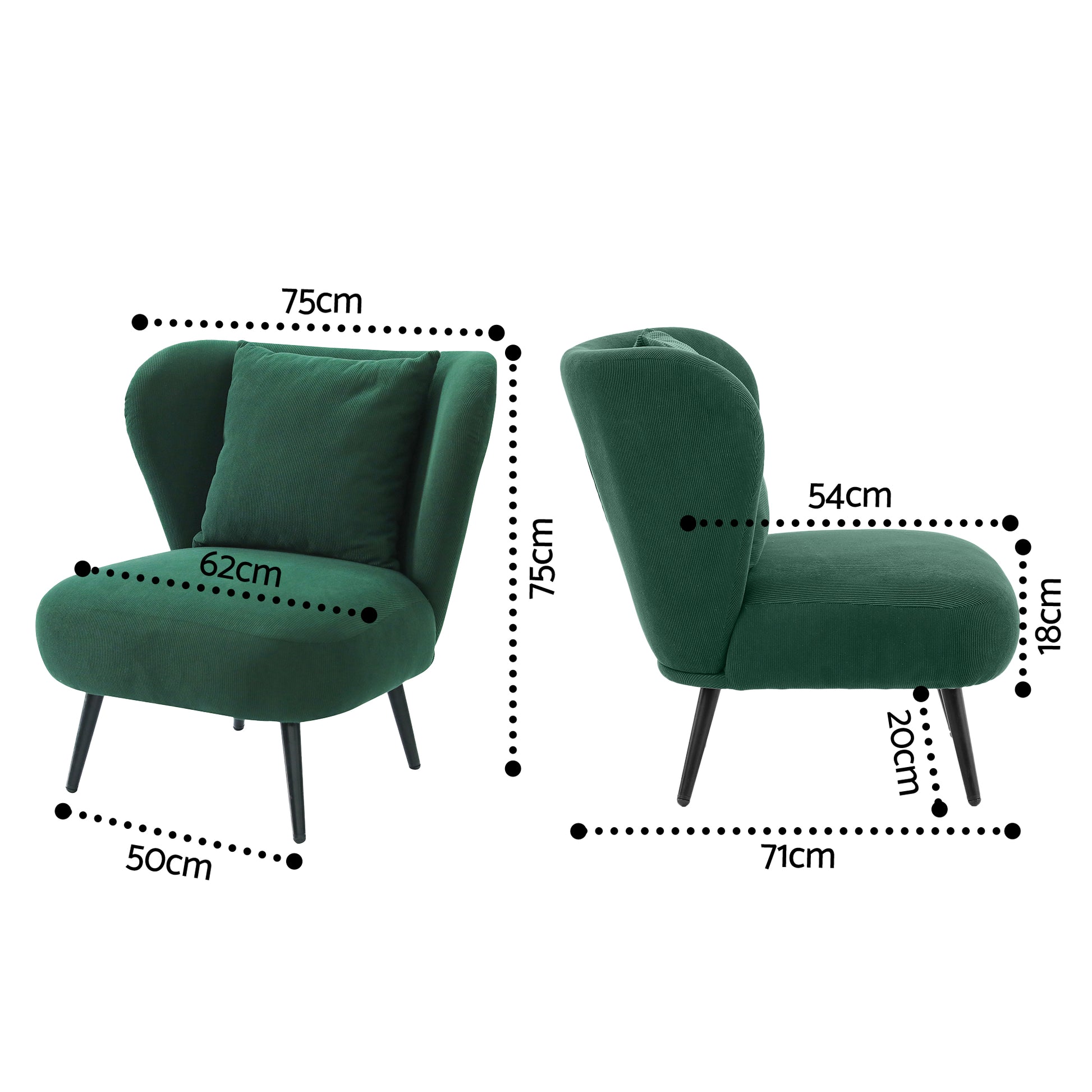 Dark green corduroy wingback accent chair with cushion, curved sides and black tapered legs, front view on white background