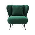 Man reading and drinking coffee in green corduroy wingback chair, 18cm leg, 150KG badge, text: Powder-coated metal frame