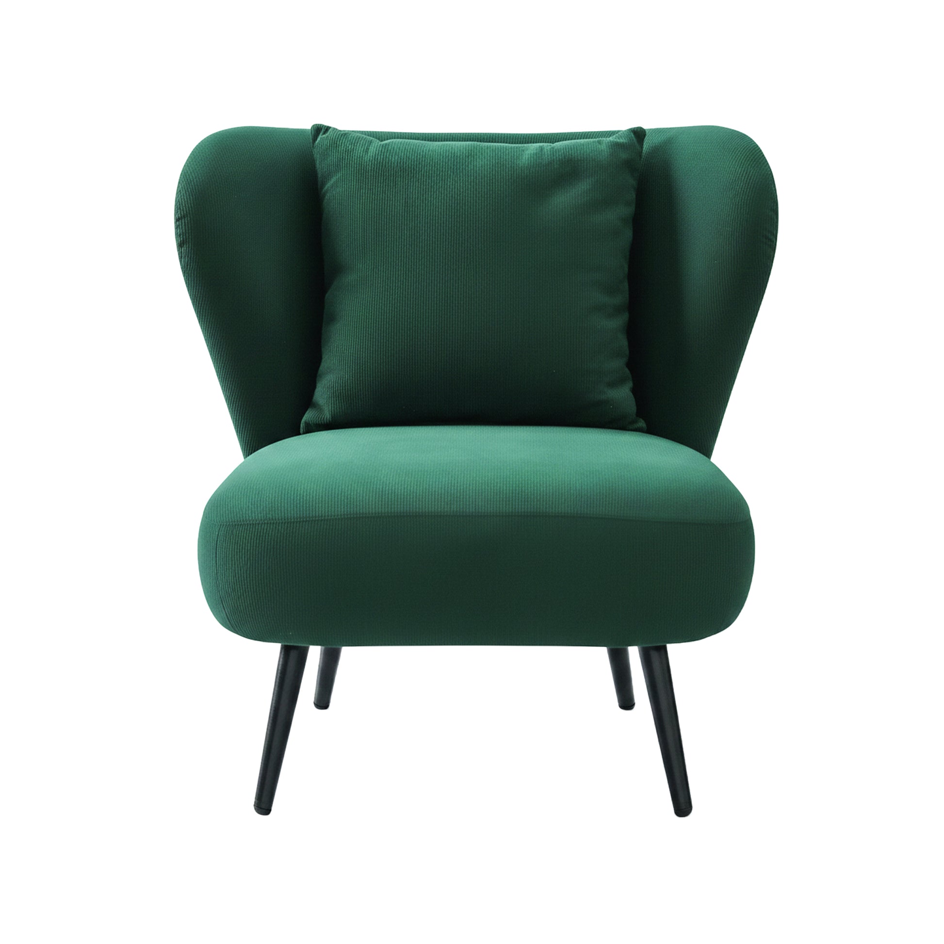 Man reading and drinking coffee in green corduroy wingback chair, 18cm leg, 150KG badge, text: Powder-coated metal frame