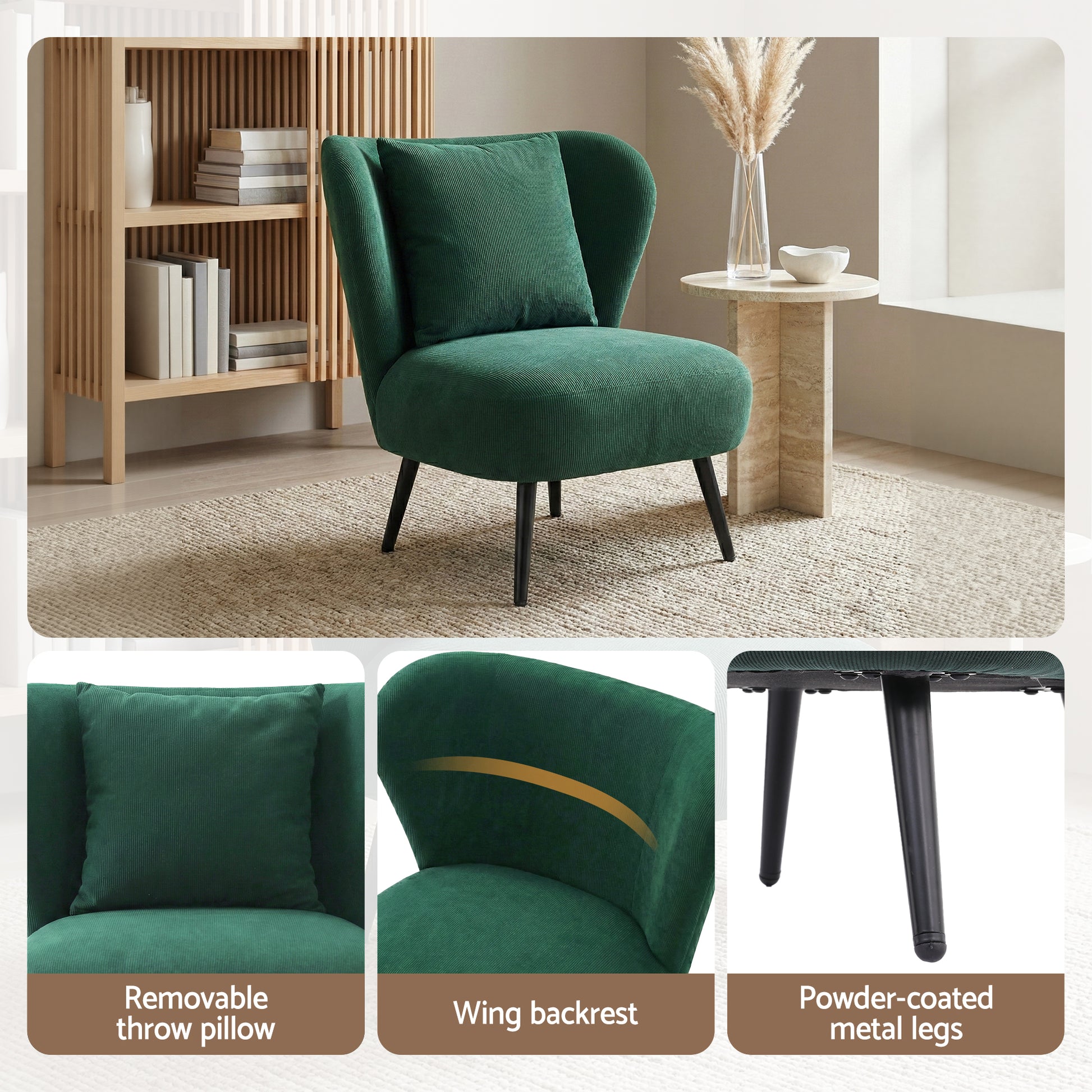Green corduroy wingback chair with bookshelf, insets: removable throw pillow, wing backrest, powder-coated metal legs