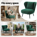 Green corduroy wingback chair composite, text: Fits every space, settings: Living room, Bedroom, Balcony, Study room