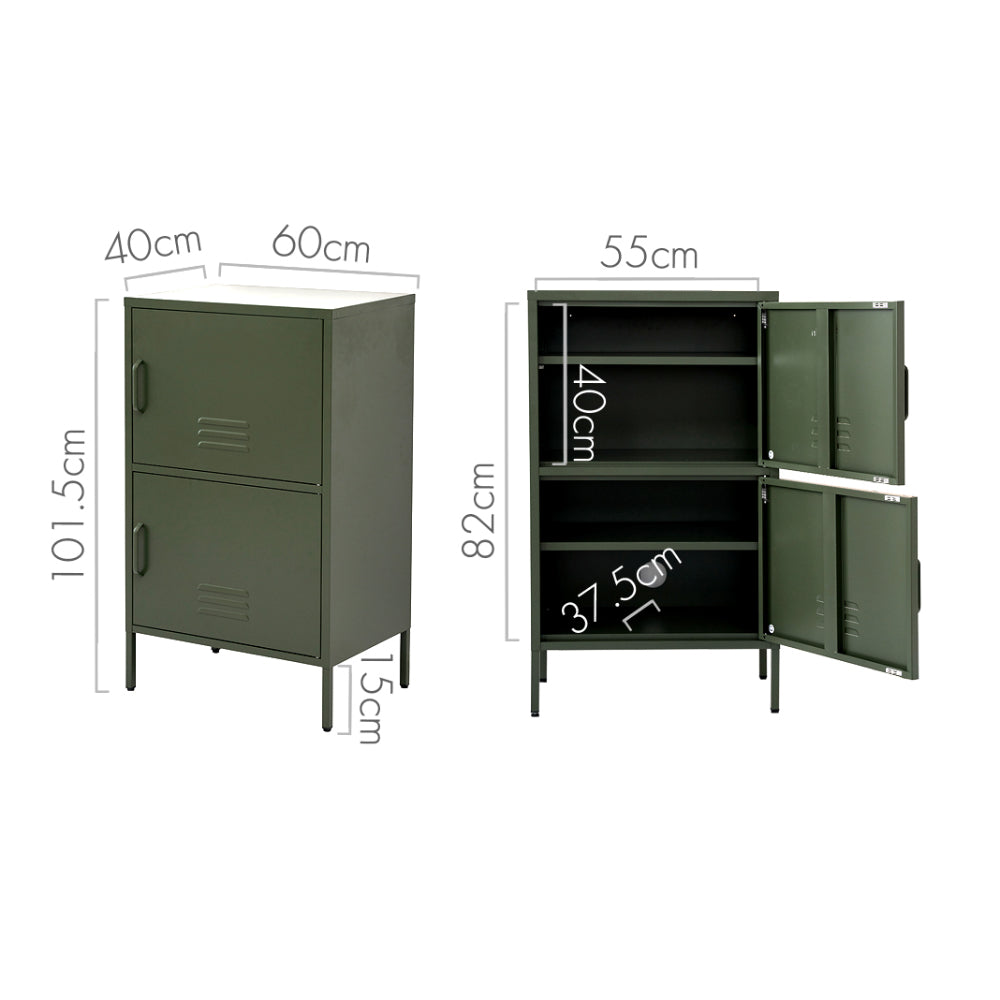 Green metal stacked locker cabinet dimensions showing 60cm width, 40cm depth, 101.5cm height with interior shelving