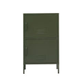 Dark green metal two-compartment stacked locker cabinet with left-side handles and vent slots on thin metal legs