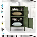 Green metal stacked locker cabinet with both doors open showing cushions, books and decorative items on interior shelves