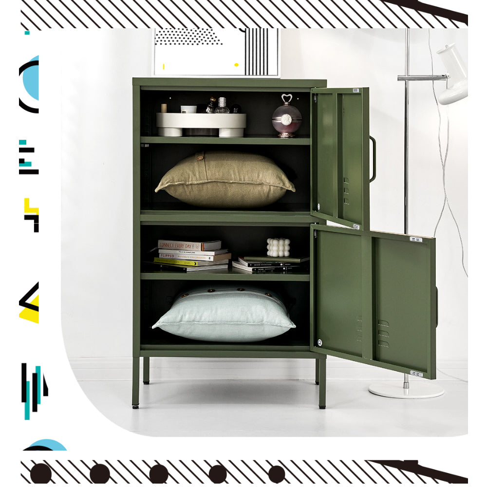 Green metal stacked locker cabinet with both doors open showing cushions, books and decorative items on interior shelves
