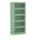 Sage green metal 5-door barrister display cabinet with mesh drop-front doors and gold knobs, angle view on white background