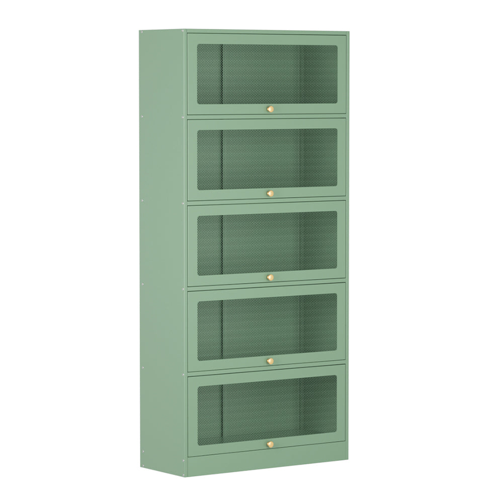 Sage green metal 5-door barrister display cabinet with mesh drop-front doors and gold knobs, angle view on white background