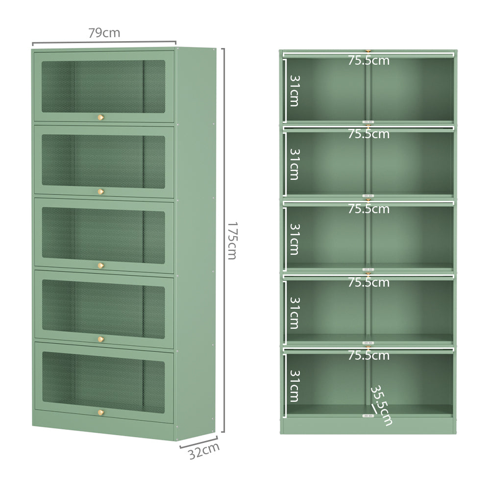 Green 5-door display cabinet dimensions: 79cm wide, 32cm deep, 175cm tall; five compartments each 75.5cm wide, 31cm tall