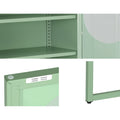 Green metal cabinet detail collage: adjustable shelf slots, soft-close hinge and metal base leg with rubber foot