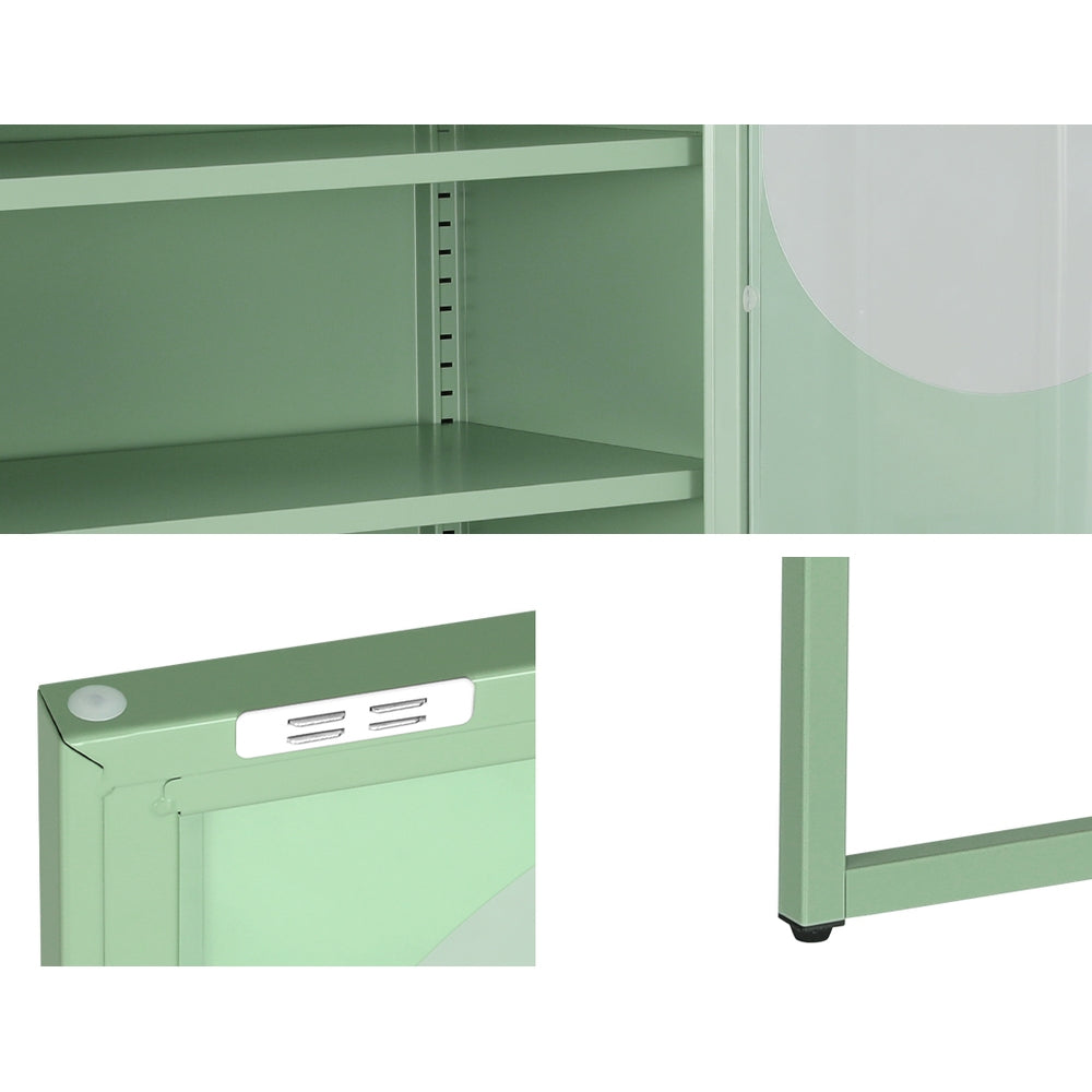 Green metal cabinet detail collage: adjustable shelf slots, soft-close hinge and metal base leg with rubber foot