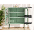 Green metal cabinet doors open showing two adjustable shelves with capacity: 40kg top, 20kg per shelf, 40kg base