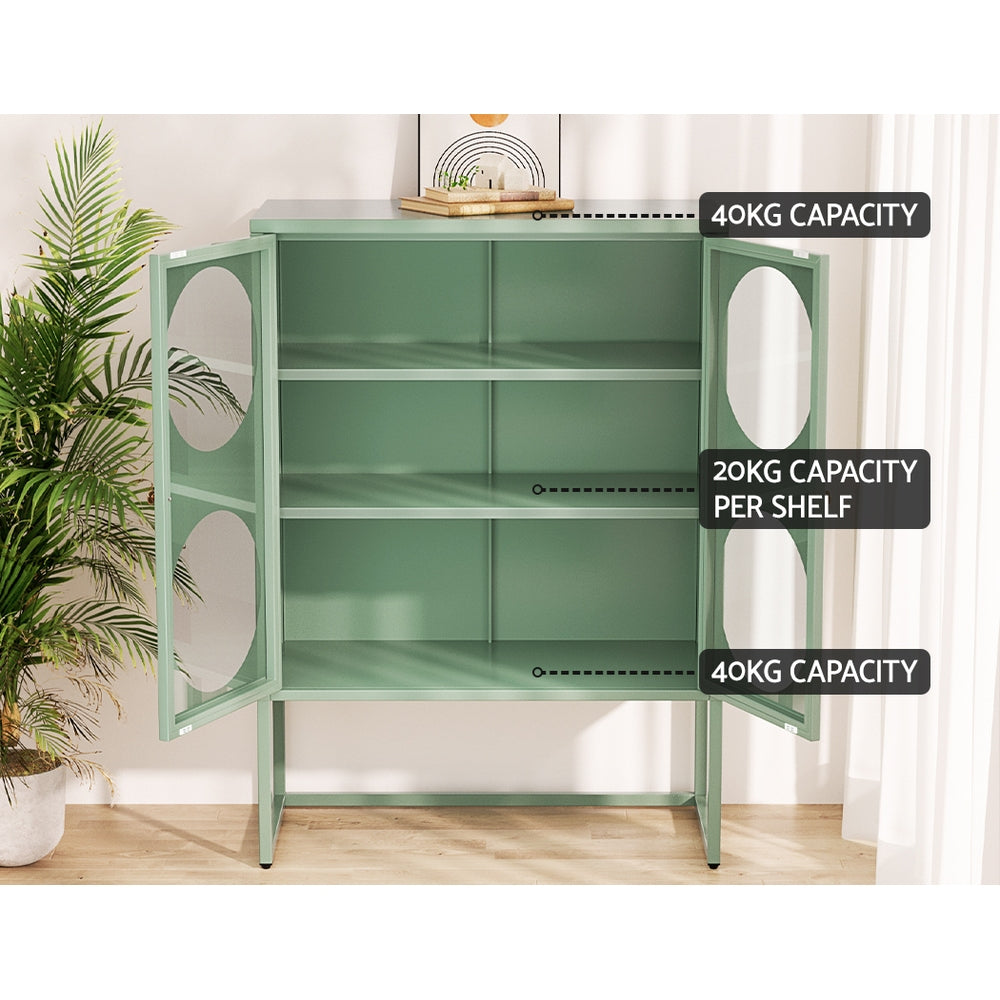 Green metal cabinet doors open showing two adjustable shelves with capacity: 40kg top, 20kg per shelf, 40kg base