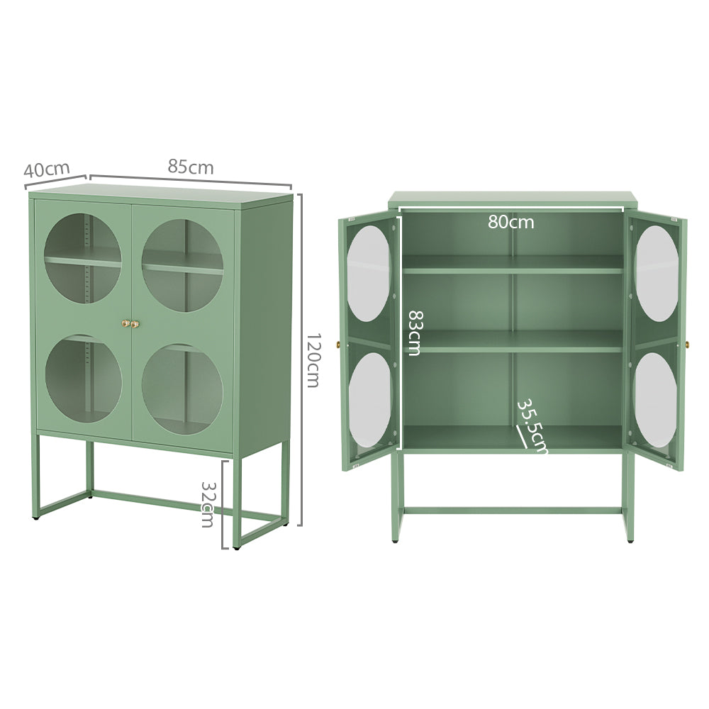 Green metal cabinet dimensions diagram: 85cm wide, 120cm tall, 40cm deep with interior measurements 80cm wide, 83cm tall