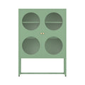 Green metal display cabinet with four circular glass windows, two gold knobs and metal base frame, front view
