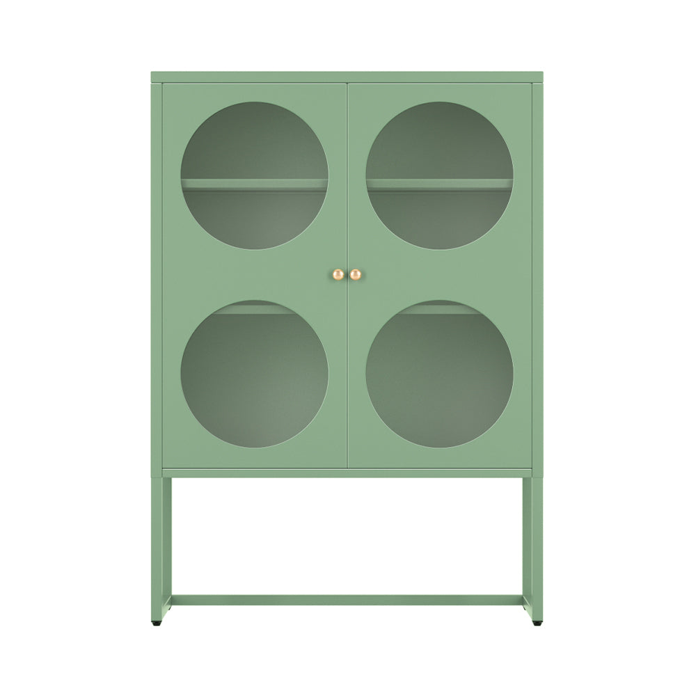 Green metal display cabinet with four circular glass windows, two gold knobs and metal base frame, front view