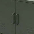 Close-up of dark green metal locker cabinet doors showing two matching bar handles and locker vent slots below
