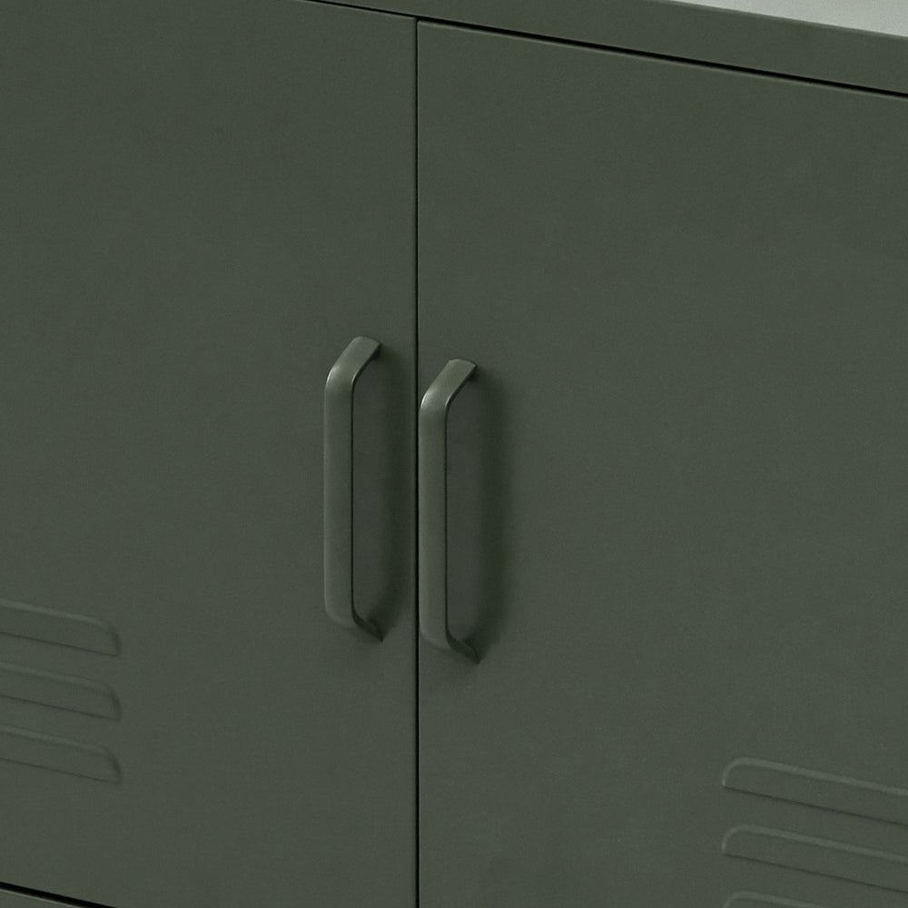 Close-up of dark green metal locker cabinet doors showing two matching bar handles and locker vent slots below