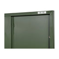Close-up of green metal locker cabinet top section showing door frame with silver hinge clip and door corner detail