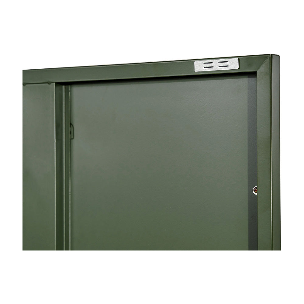 Close-up of green metal locker cabinet top section showing door frame with silver hinge clip and door corner detail