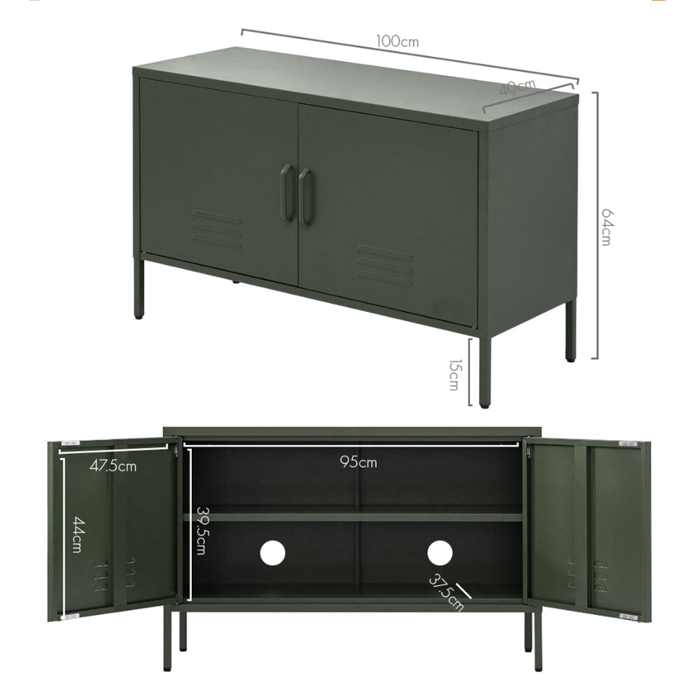 Dark green metal two-door locker cabinet with vent slots on thin legs in living room setting with geometric art print on top