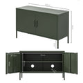 Green metal locker cabinet dimensions showing 100cm width, 40cm depth, 64cm height with interior shelving and cable holes