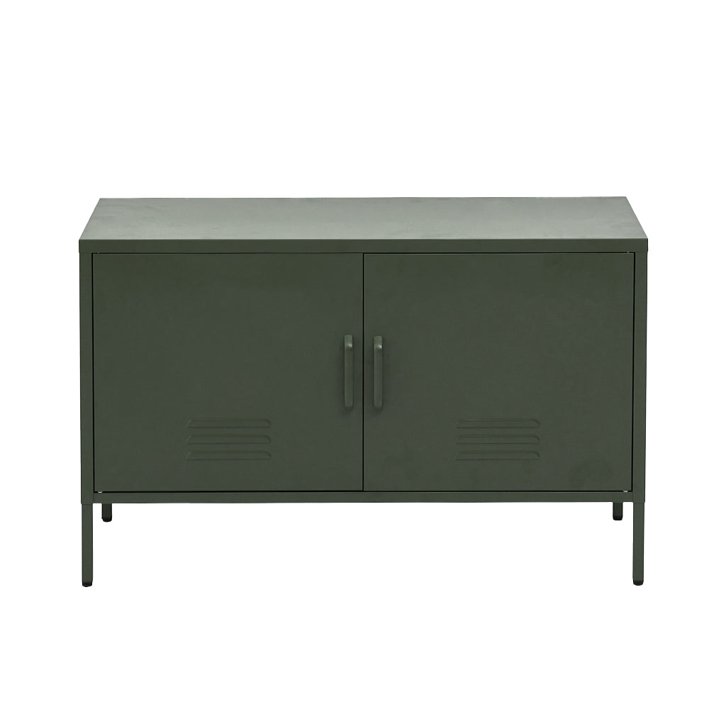 Dark green metal two-door locker-style cabinet with vent slots and matching handles on thin metal legs on white background