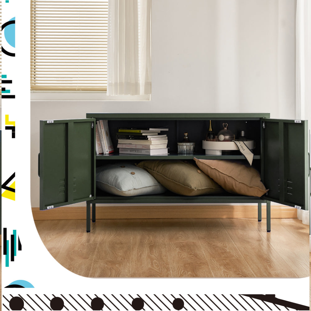 Green metal four-door locker cabinet open showing interior shelf with books and cushions in lifestyle room