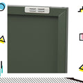Close-up of dark green metal locker top showing white hasp lock mechanism with colourful geometric graphic background