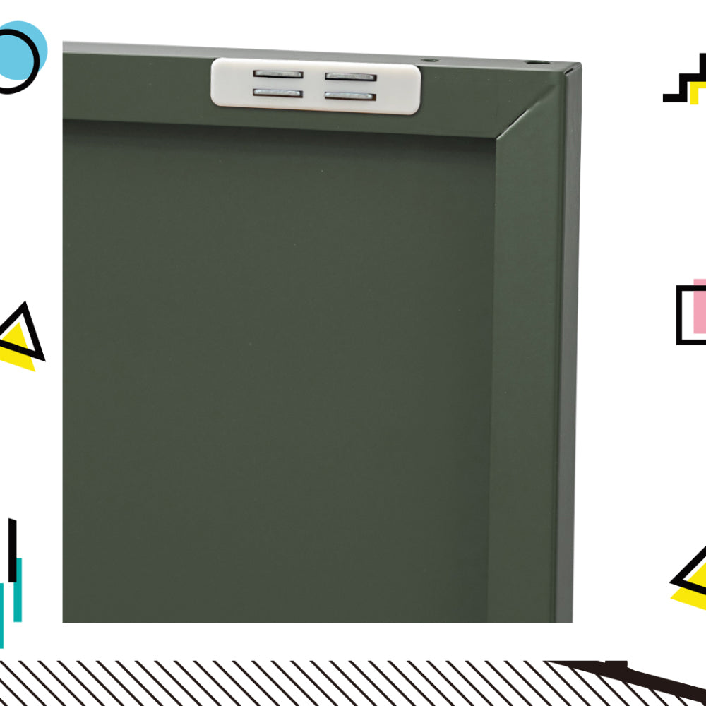 Close-up of dark green metal locker top showing white hasp lock mechanism with colourful geometric graphic background