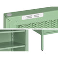 Green metal sideboard detail: magnetic door latch and ventilation slots on top, adjustable shelf pin holes inside, metal leg
