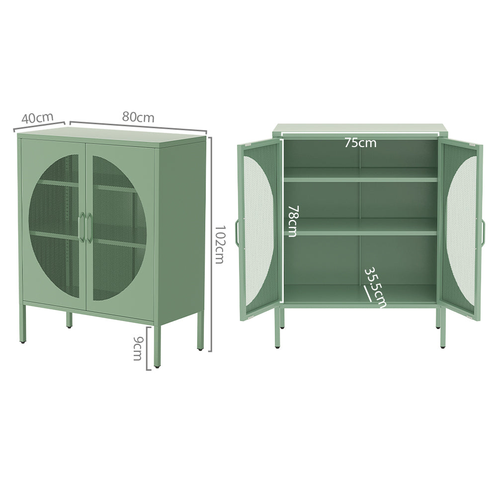 Green metal sideboard dimensions: 80cm wide, 40cm deep, 102cm tall; interior 75cm wide, 78cm tall, shelves 35.5cm deep