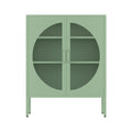 Sage green metal sideboard with two circular mesh door panels and D-ring handles, direct front view on white background
