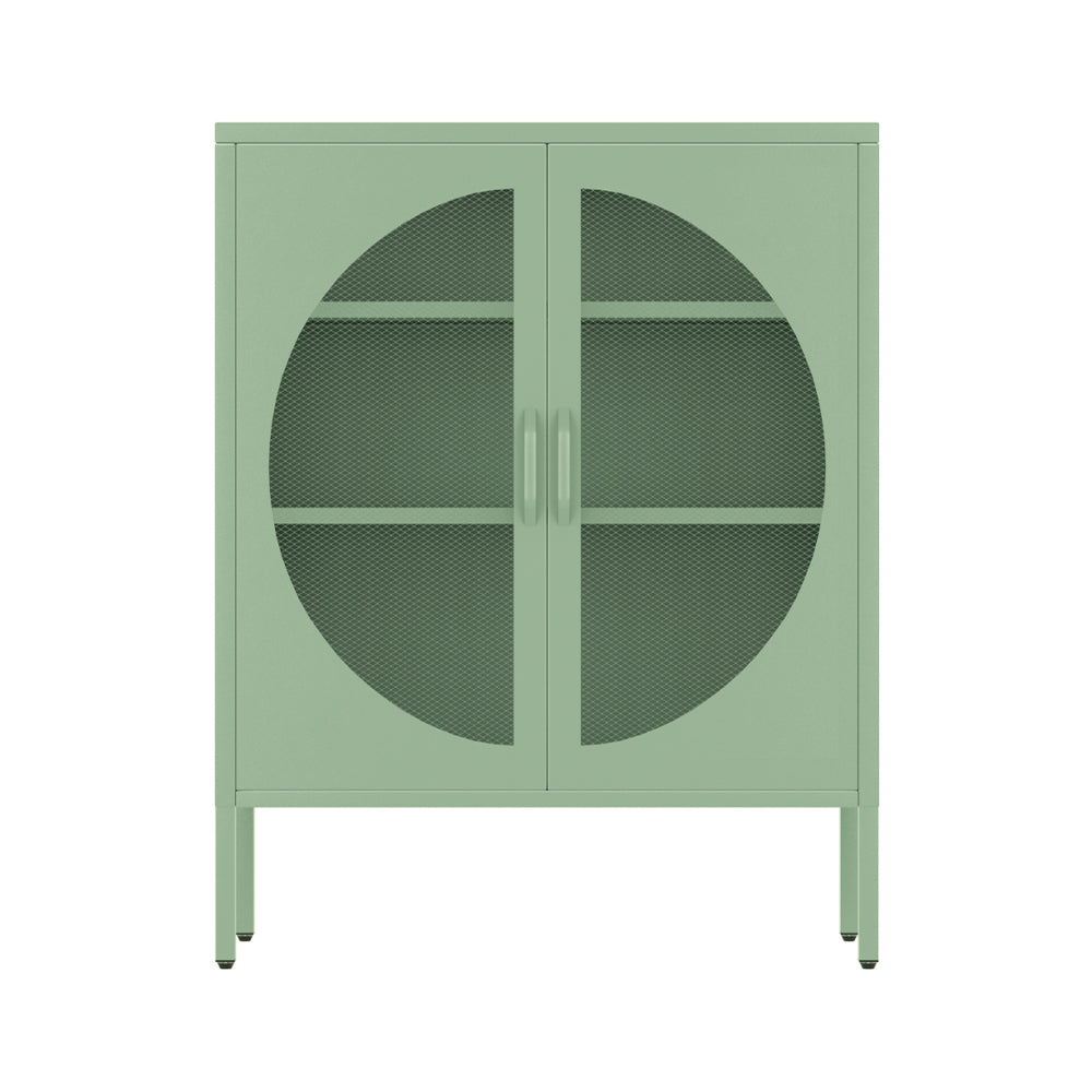 Sage green metal sideboard with two circular mesh door panels and D-ring handles, direct front view on white background
