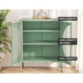Green metal sideboard open in room showing two shelves; labels: top 40kg capacity, 20kg per shelf, bottom 40kg capacity