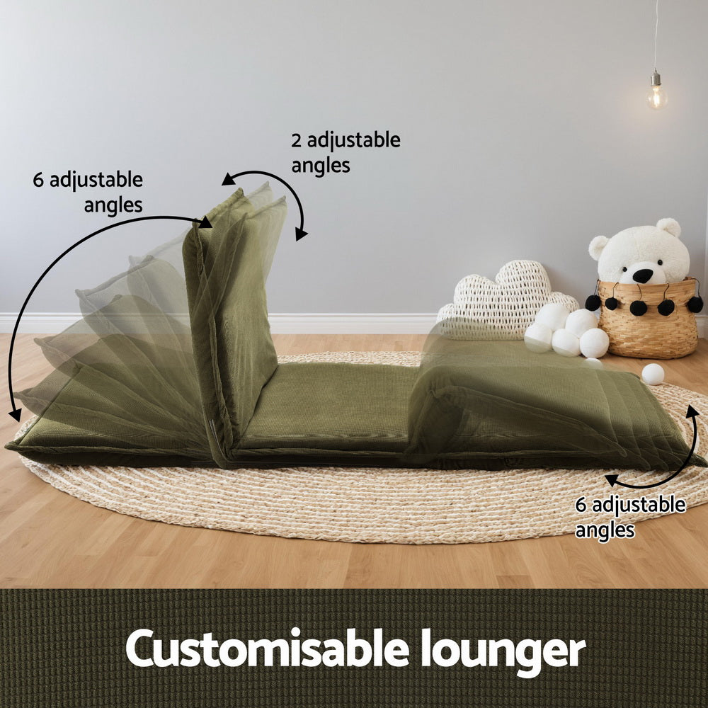 Green velvet floor sofa bed feature infographic showing customisable lounger with 6 adjustable backrest angles