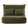 Green velvet 2-seater floor sofa bed in sofa configuration with two cushions on adjustable backrest on white background