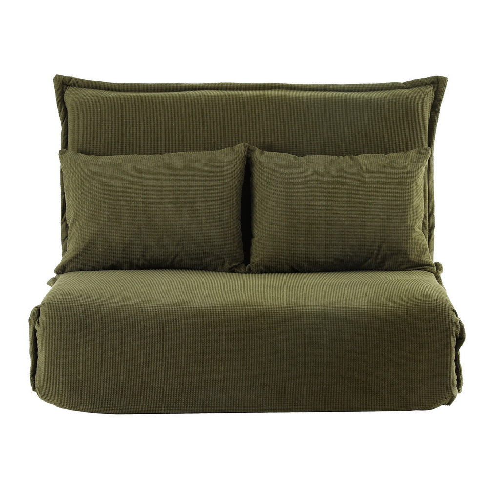 Green velvet 2-seater floor sofa bed in sofa configuration with two cushions on adjustable backrest on white background