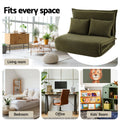 Green velvet floor sofa bed lifestyle infographic showing use in living room, bedroom, office and kids room settings