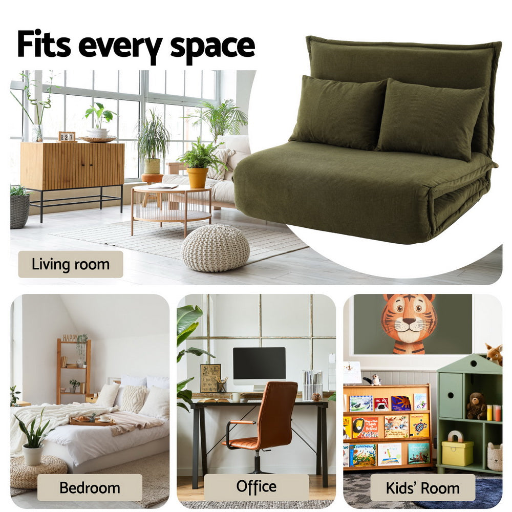 Green velvet floor sofa bed lifestyle infographic showing use in living room, bedroom, office and kids room settings