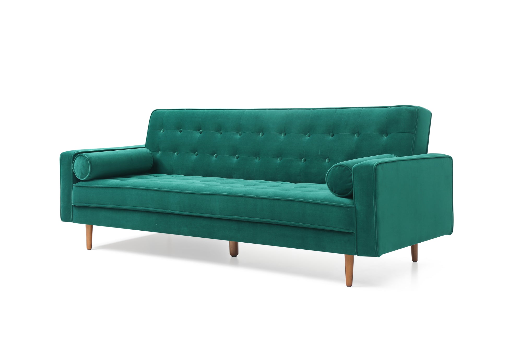 Green velvet tufted sofa bed in sofa position left angle view showing pleated arm cushions and back
