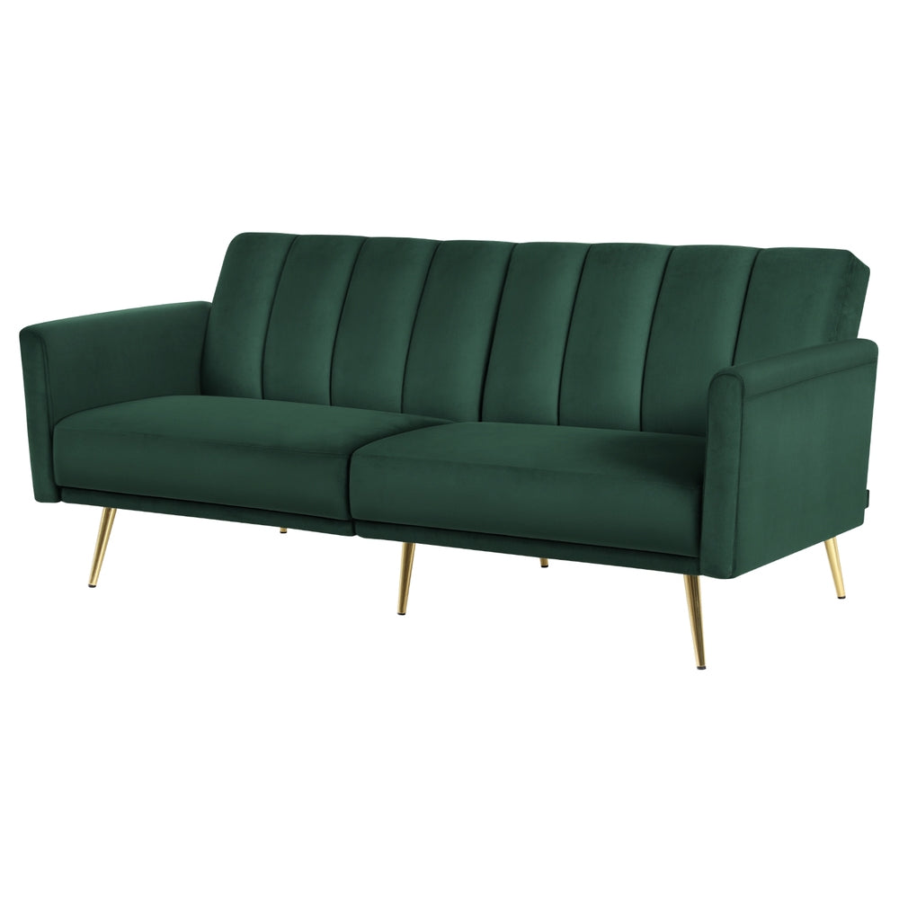 Dark green velvet sofa bed with vertical channel stitching on backrest and gold metal legs on white background