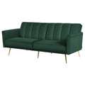 Dark green velvet sofa bed with vertical channel stitching on backrest and gold metal legs on white background