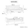 Green velvet sofa bed dimensions diagram showing 190cm sofa length and 212cm flat bed length