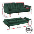 Green velvet sofa bed dimensions diagram showing 174cm width 77cm height sofa mode and 207cm bed length 300kg capacity
