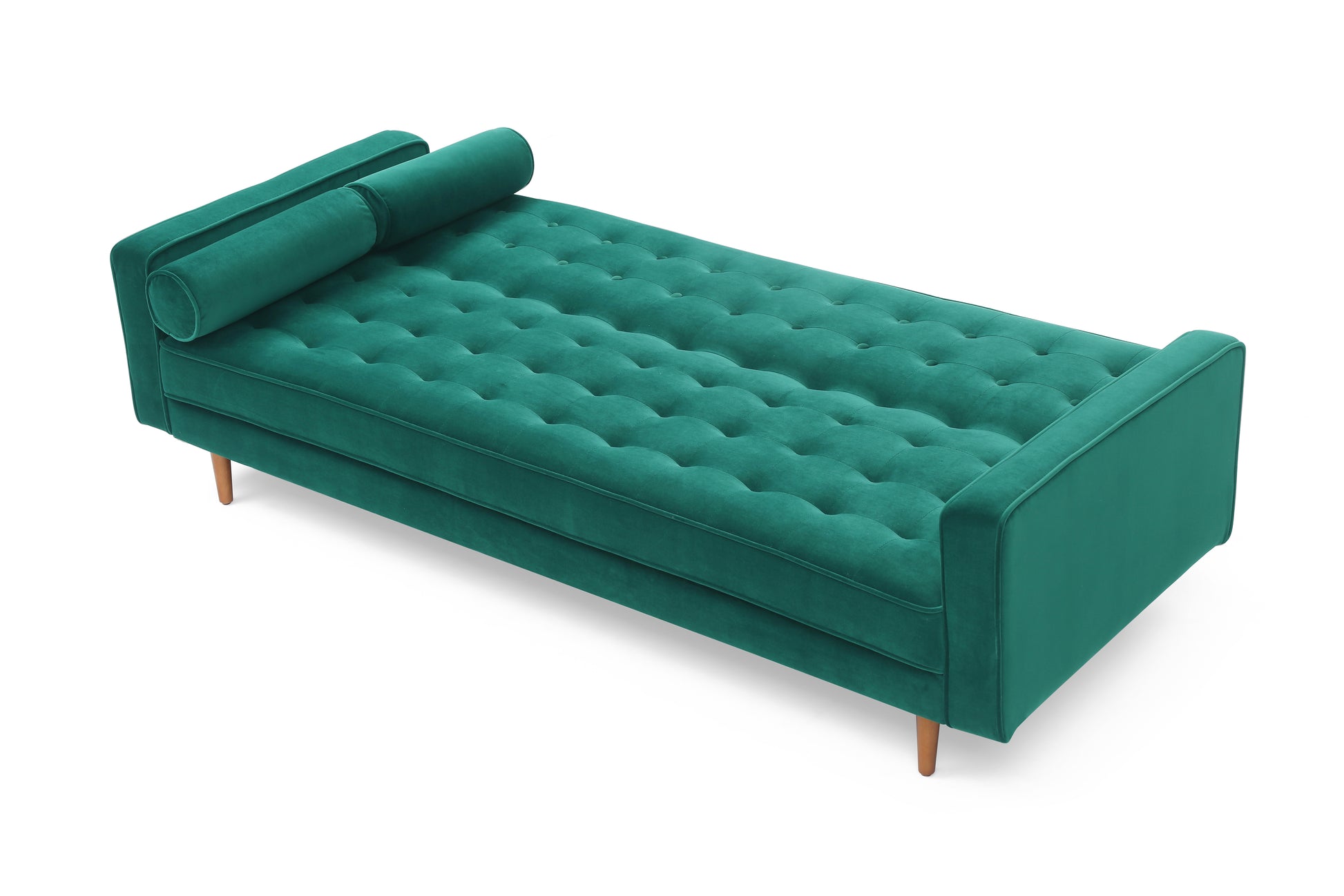 Green velvet tufted sofa bed in flat position angle view showing button-tufted sleeping surface