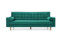 Green velvet tufted sofa bed front view on white background in upright sofa mode with wooden legs
