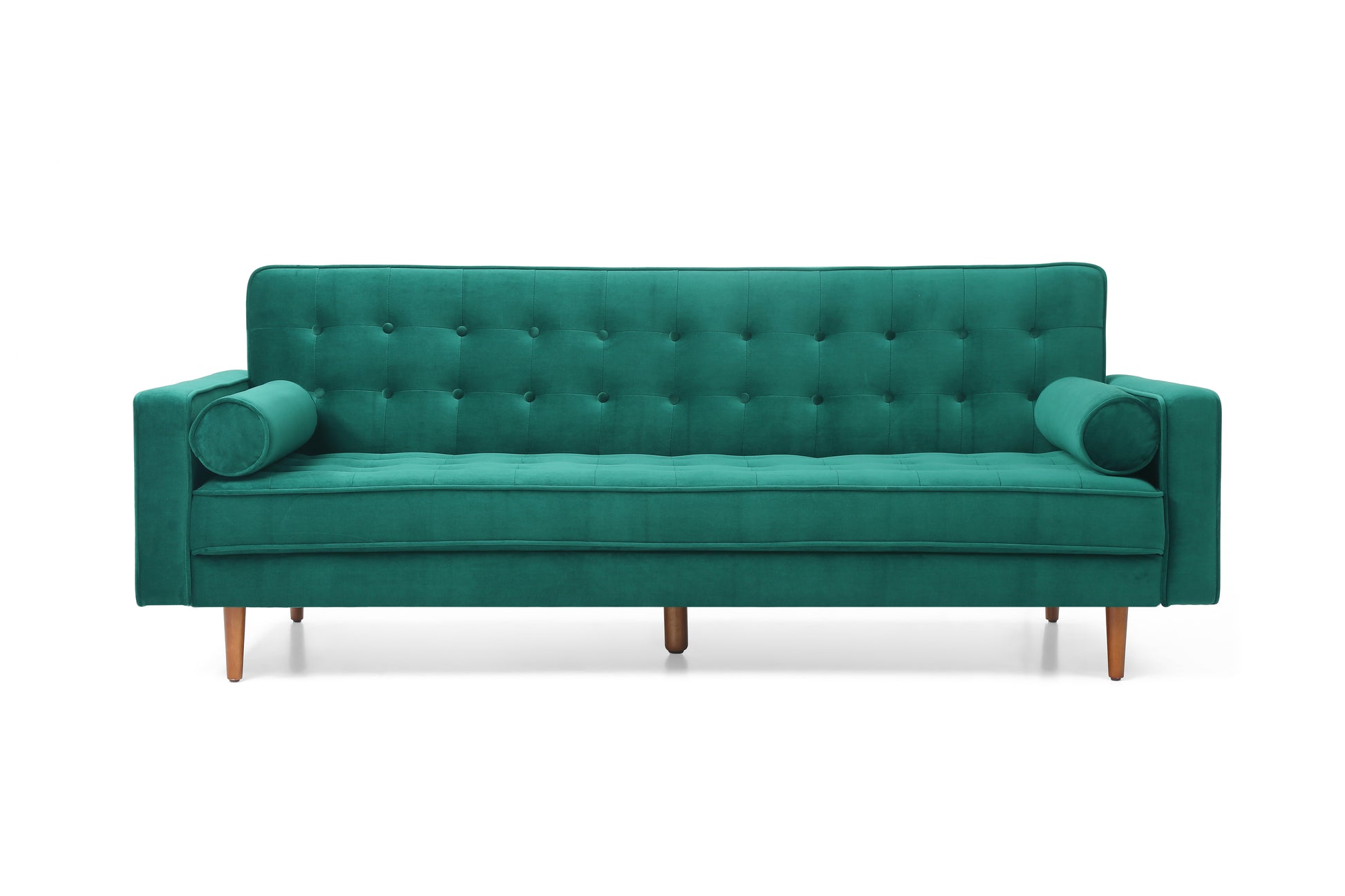 Green velvet tufted sofa bed front view on white background in upright sofa mode with wooden legs