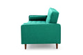 Green velvet tufted sofa bed side profile view showing seat depth and dark tapered wooden legs