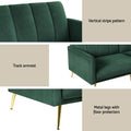 Sofa features including vertical quilted pattern, track armrest design, metal legs with floor protectors