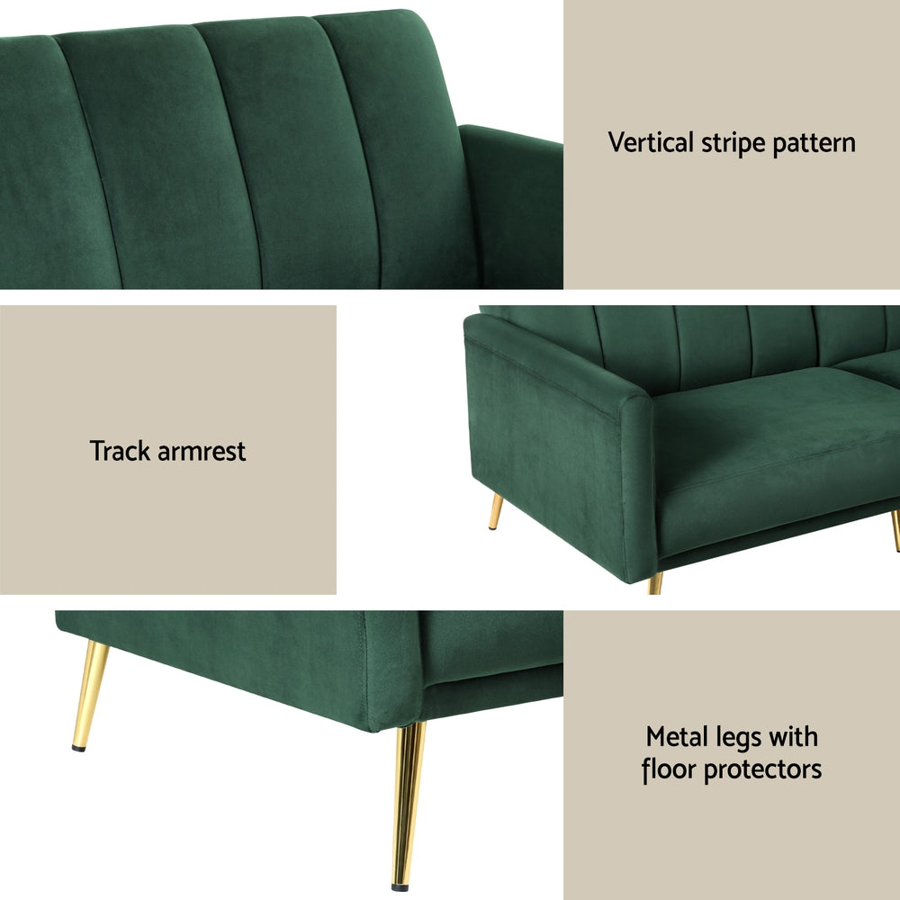 Sofa features including vertical quilted pattern, track armrest design, metal legs with floor protectors